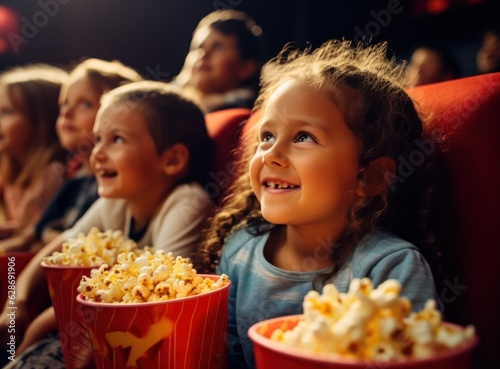 Young kids smiling waiting with popcorn at cinema
