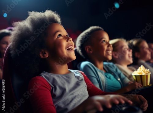 Young kids smiling waiting with popcorn at cinema © olegganko