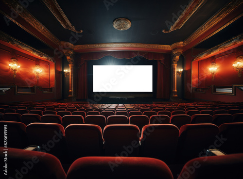 Big cinema with empty screen mockup.