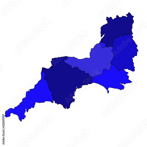 blue map of South West England is a region of England, with borders of the ceremonial counties and different colour. photo