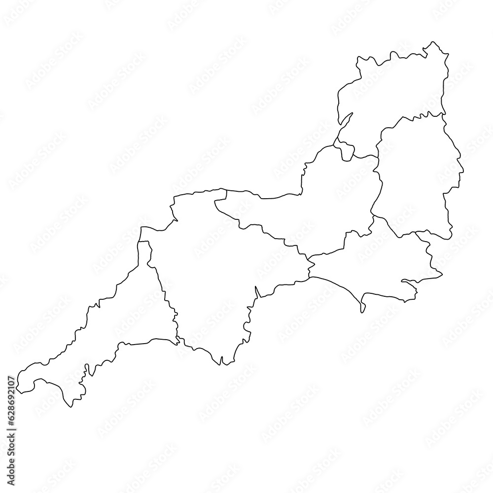 South West England ceremonial counties blank map. High detailed illustration map with counties, regions, states - South West England map .  outline map of South West province