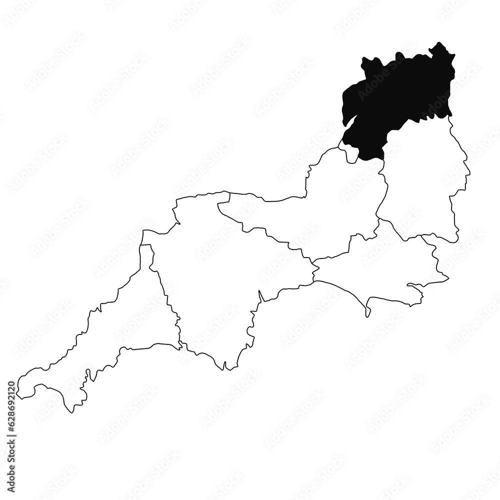 Map of Gloucestershire in South West England province on white background. single County map highlighted by black colour on South West England administrative map.