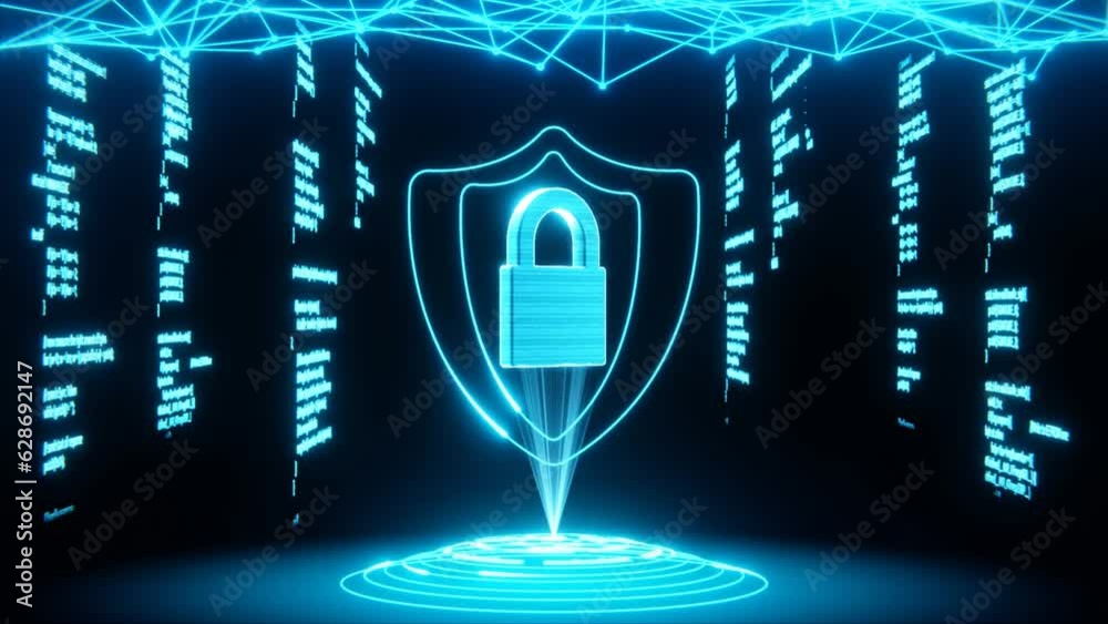 Rotating lock and shield icon hologram with abstract scrolling computer code in background. Concept of data encryption and cybersecurity. Seamlessly looping 3D animation  
