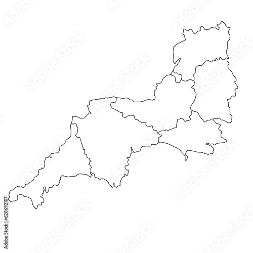 South West England ceremonial counties blank map. High detailed illustration map with counties, regions, states - South West England map . outline map of South West province