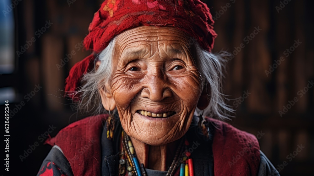 portrait of a old grandmother wearing ancient asian clothes