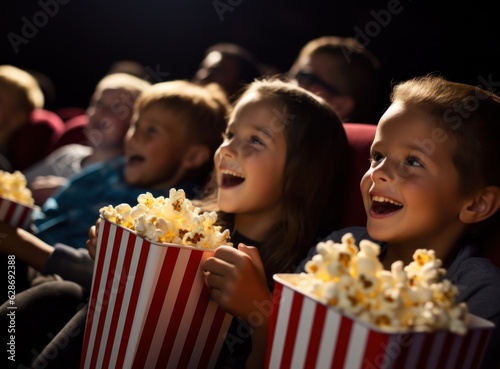 Young kids smiling waiting with popcorn at cinema