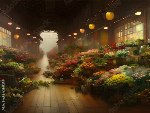 the interior of an old-fashioned wholesale flower market with colorful blooming flowers on display