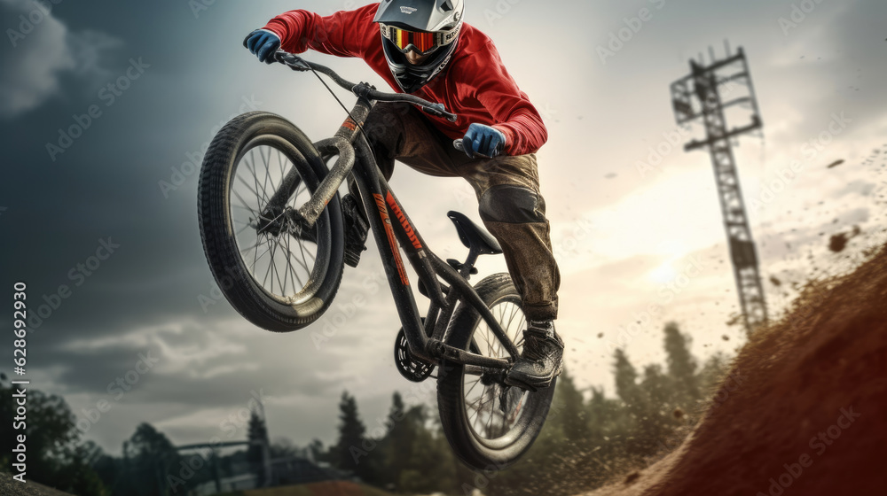 Fototapeta premium Teenage bmx BMX rider in action at skatepark