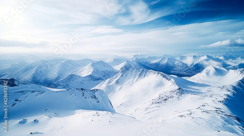 Drone view, mountain range in winter, snow-capped mountains, ridge. ai generation