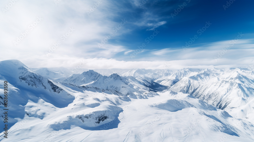 Drone view, mountain range in winter, snow-capped mountains, ridge. ai generation