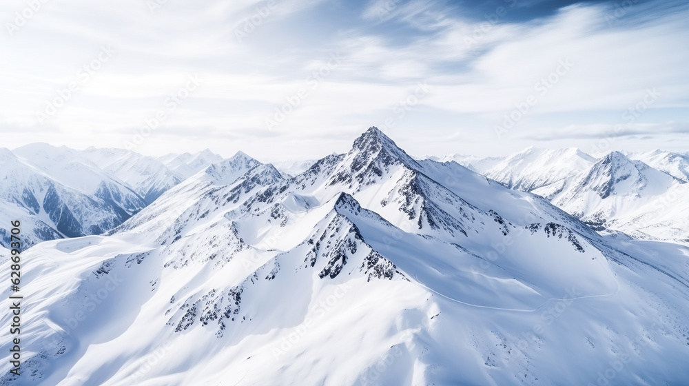 Drone view, mountain range in winter, snow-capped mountains, ridge. ai generation