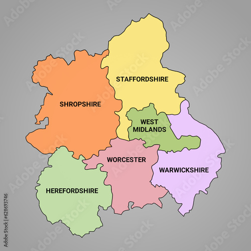  map of West Midlands England is a region of England, with borders of the ceremonial counties and different colour. photo