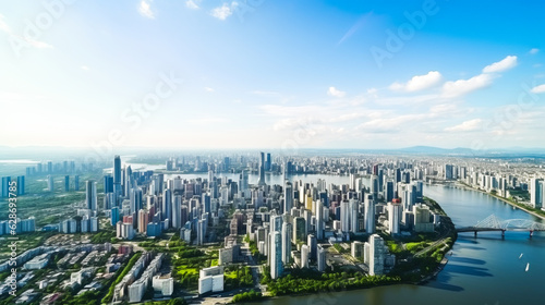 Aerial view of the city skyline. Real estate and corporate building business concept - panoramic bird's eye view of modern city skyline. ai generation © Sergii
