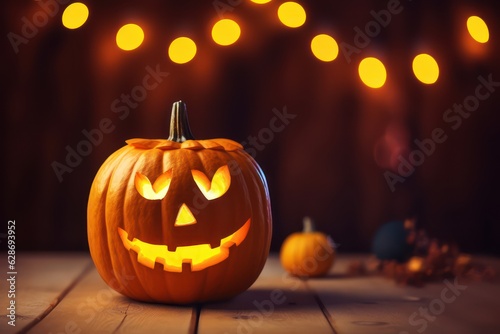 Big pumpkin with carved funny glowing face standing on background of Halloween decor. Close up of jack-o-lantern on wooden table. Halloween holiday concept. Blurred background © Anatolii