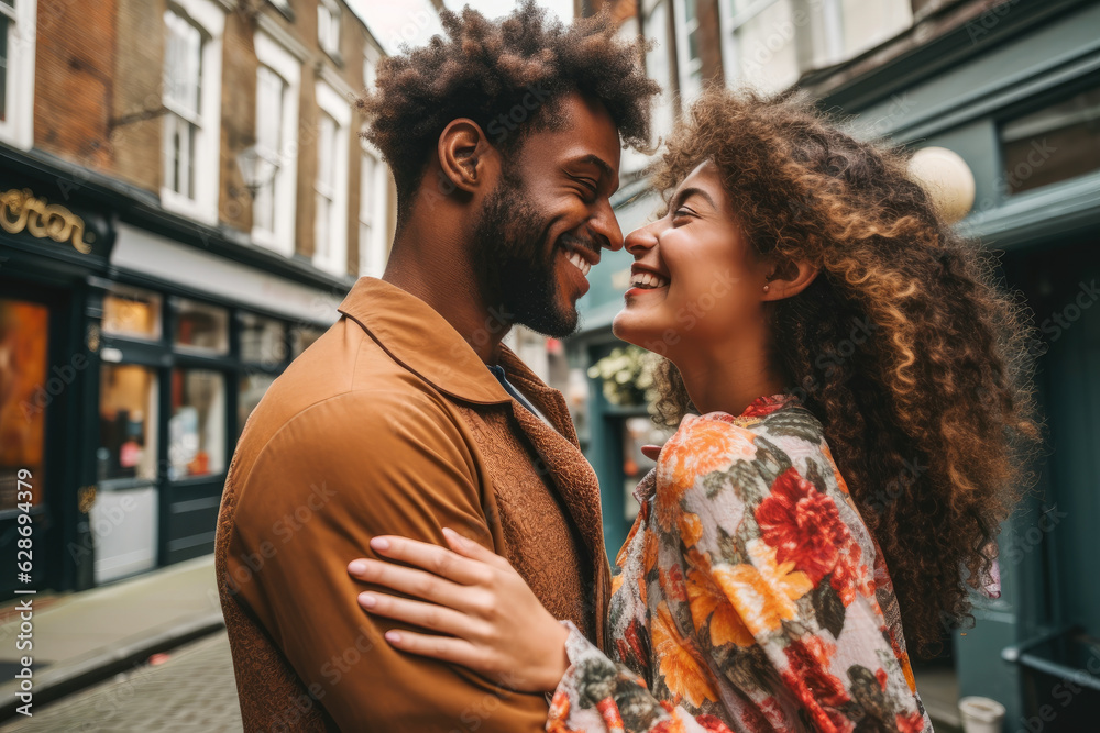 Joyful Couple Embracing on a Vibrant City Street, Celebrating Their Love and Diversity Joyful Couple Embracing on a Vibrant City Street, Celebrating Their Love and Diversity