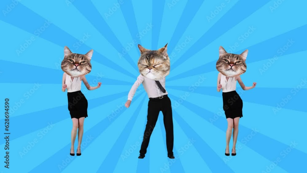 Business people with cats muzzles head cheerfully dancing against blue background. Success. Stop motion, animation. Concept of party, surrealism, creative vision, fun and joy, disco, animal theme