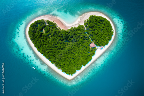 island in the ocean in the shape of a heart, surrounded by the ocean, a tropical island in the shape of a heart of love. ai generation