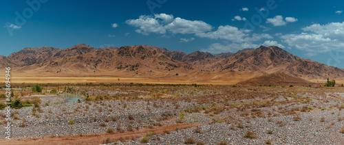 Dried-up river bed on mountains background at summer, Kazakhstan and Kyrgyzstan panoramic view