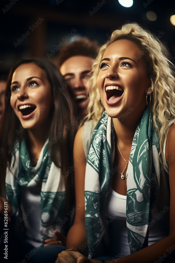 portrait of excited football or soccer fans watch the game cheering