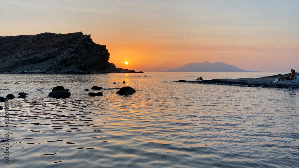 Yildiz Koy beach view at sunset in Gokceada, Imbros island. Yildizkoy coast is the one of popular beach in Gokceada. Canakkale, Turkey