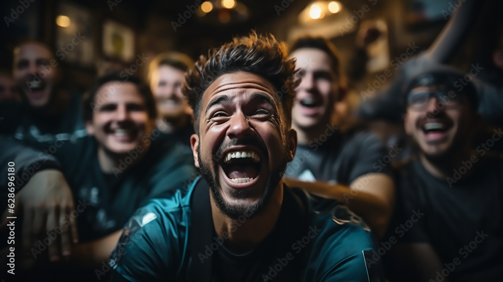 portrait of excited football or soccer fans watch the game cheering