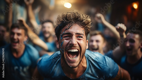 portrait of excited football or soccer fans watch the game cheering