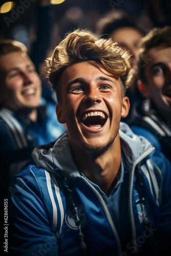 portrait of excited football or soccer fans watch the game cheering