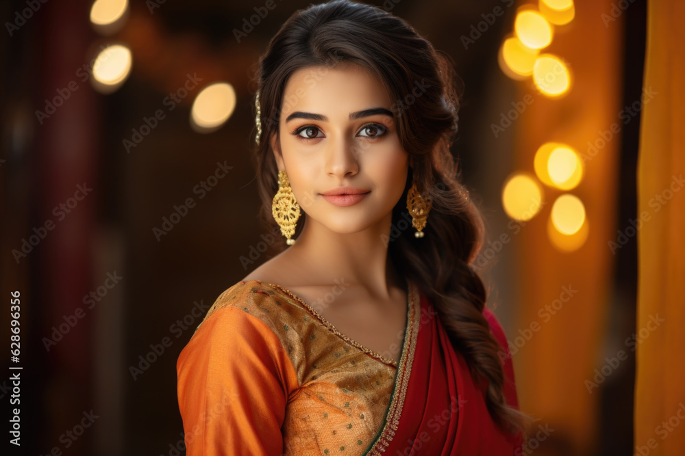 A woman wearing a beautiful sari, with a traditional Diwali hairstyle A woman wearing a beautiful sari, with a traditional Diwali hairstyle