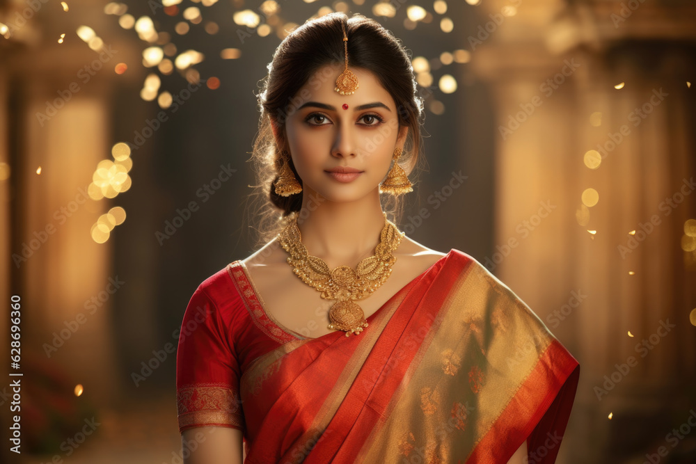 A woman wearing a beautiful sari, with a traditional Diwali hairstyle A woman wearing a beautiful sari, with a traditional Diwali hairstyle