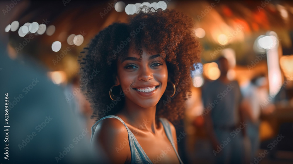 nightlife party in small local bar or club, fictional place, dark tanned skin tone, multi-ethnic tropical, fun and joy and a good mood smile, woman 20s nightlife party in small local bar or club, fictional place, dark tanned skin tone, multi-ethnic tropical, fun and joy and a good mood smile, woman 20s