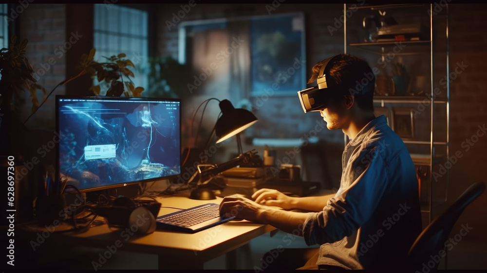 A man working use VR in front of computer A man working use VR in front of computer