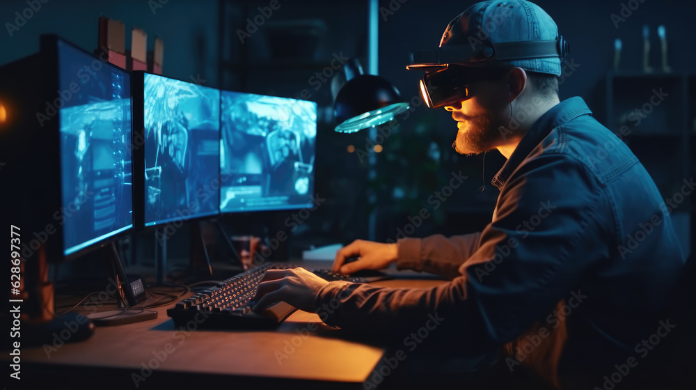 A man working use VR in front of computer A man working use VR in front of computer