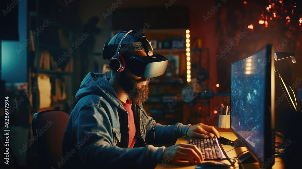 A man working use VR in front of computer
