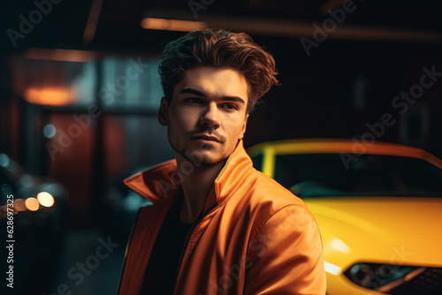 Handsome young man in yellow jacket standing near yellow car at night