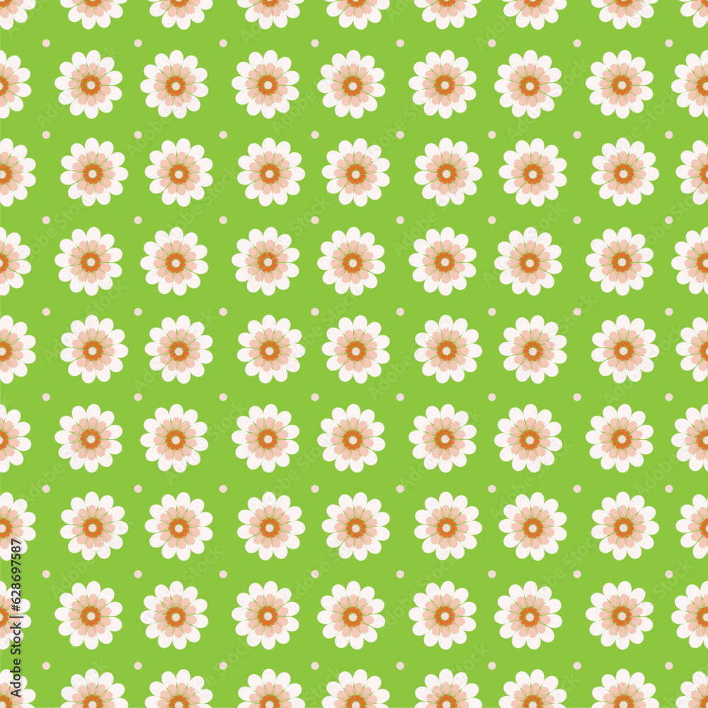 Pink Flowers and Dots on Bright Green Floral Print, Vector Seamless Repeating Pattern Tile