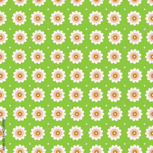 Pink Flowers and Dots on Bright Green Floral Print, Vector Seamless Repeating Pattern Tile
