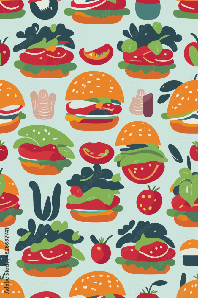 Tasty Burger Symphony, Vector Pattern of Fresh Ingredients
