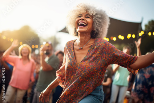 A jubilant mature woman attending a lively outdoor concert, dancing and singing along with the crowd photo