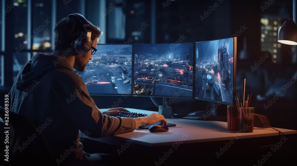 A man working use VR in front of computer A man working use VR in front of computer