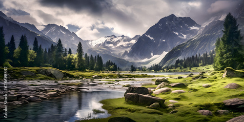 Serene Alpine Lake with Scattered Clouds - Generative ai © Uolir