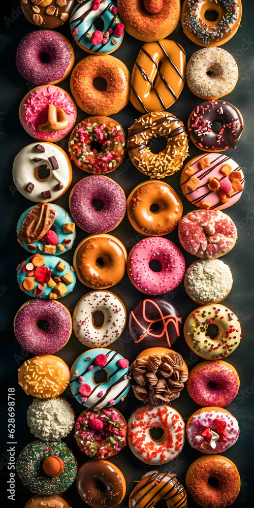 rows of donuts with different toppings 