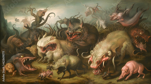 classic oil painting of scary monsters 