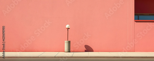 Minimalistic illustration of house facade with pink wall. Shopping mall, hotel, shop, street lamp. Horizontal banner for real estate agency. Summer landscape. Concept of tourism, travel. Generative AI