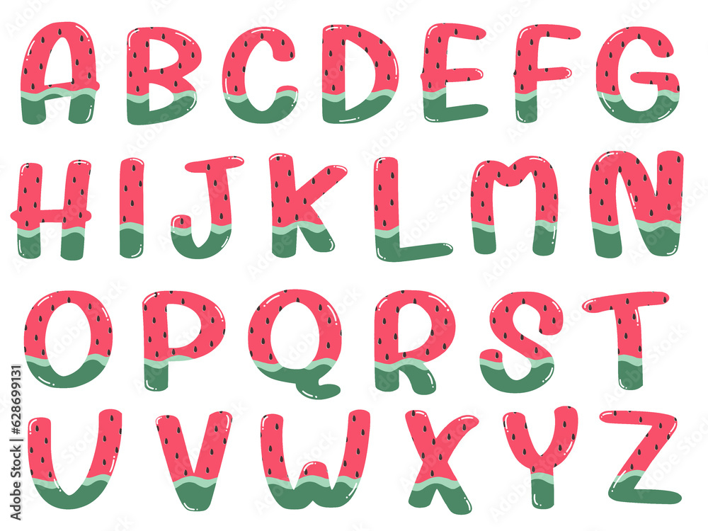 hand drawn alphabet with watermelon 