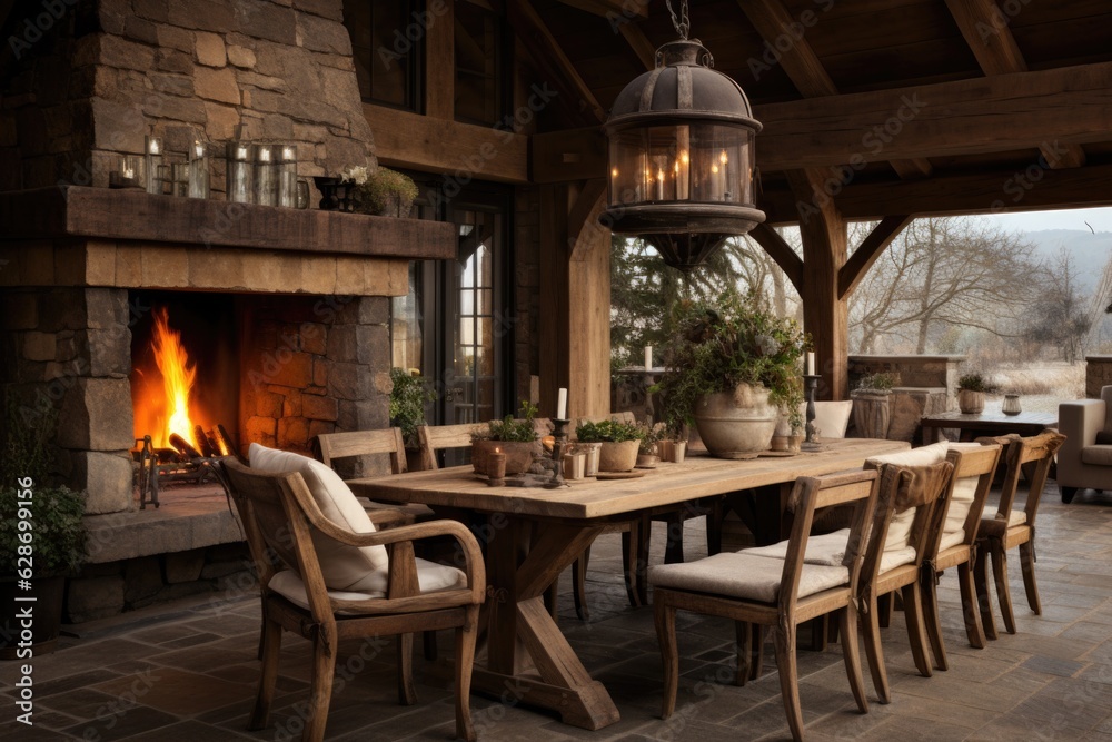 Warm and welcoming, a rustic dining room features a wooden table, mismatched chairs, and a grand chandelier, creating a charming atmosphere. Generative AI Warm and welcoming, a rustic dining room features a wooden table, mismatched chairs, and a grand chandelier, creating a charming atmosphere. Generative AI