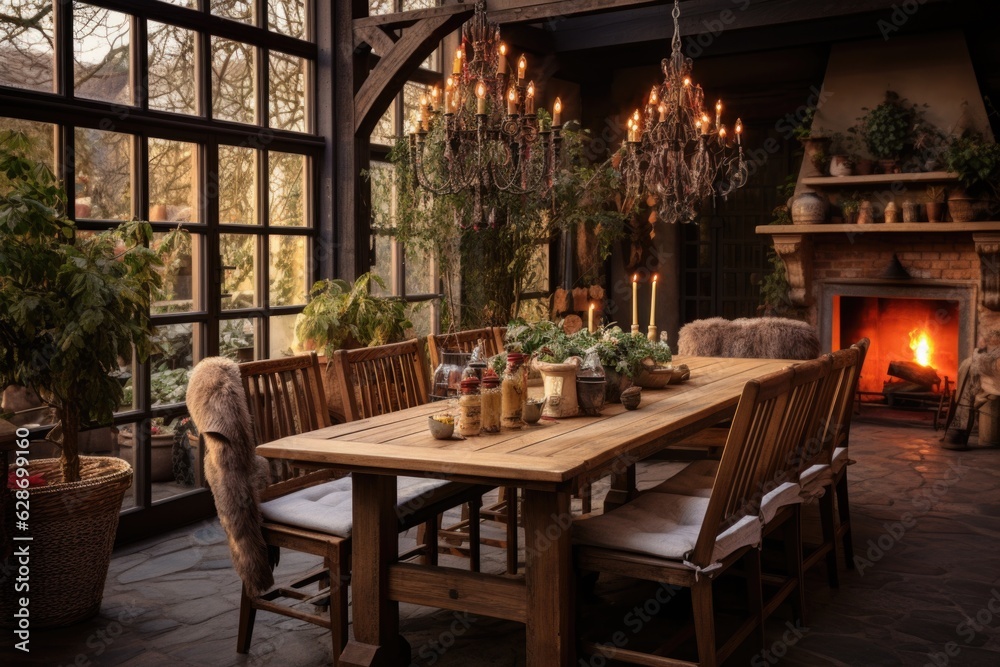 Warm and welcoming, a rustic dining room features a wooden table, mismatched chairs, and a grand chandelier, creating a charming atmosphere. Generative AI