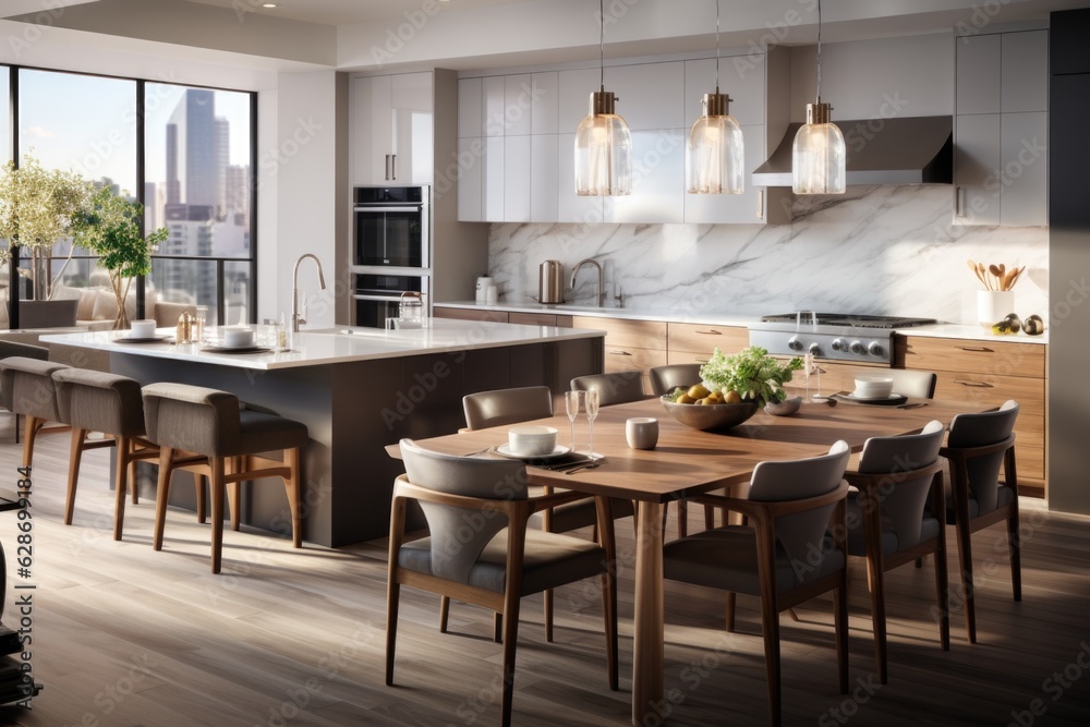 A sleek and contemporary kitchen with stainless steel appliances, luxurious marble countertops, and an open layout that seamlessly merges with the dining area. Generative AI