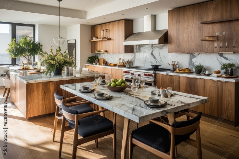 A stylish and modern kitchen characterized by stainless steel appliances, elegant marble countertops, and an open floor plan that effortlessly flows into the adjoining dining space. Generative AI A stylish and modern kitchen characterized by stainless steel appliances, elegant marble countertops, and an open floor plan that effortlessly flows into the adjoining dining space. Generative AI