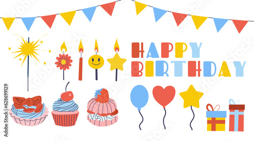 Elements of a festive birthday greeting, a set of balloons, flags, cupcakes, gift boxes, garlands and a hand-drawn style.