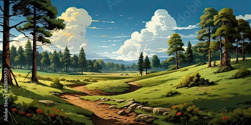 illustration of landscape, forest, anime style, generative AI